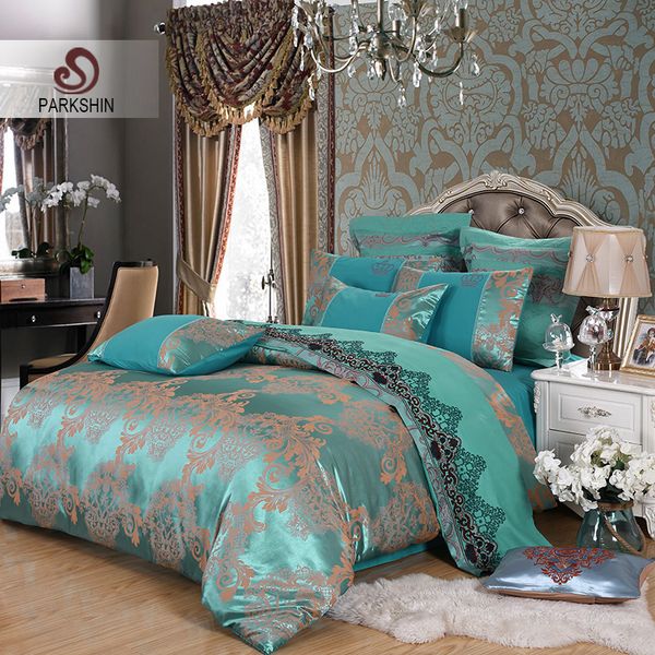 

parkshin tibutle silk bedding set luxury tencel silk duvet cover set blue bed linen 4pcs bedclothes jacquard  king