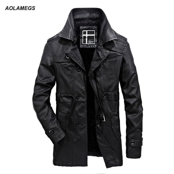 

aolamegs leather jacket men slim warm plus velvet leather long trench coat 2017 autumn winter moto biker jackets outerwear parka, Black