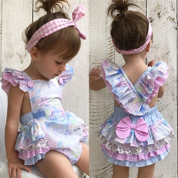 Bebê recém-nascido Macacão Infantil Criança Meninas Roupas Ruffles Rendas Boeknot Jusmpsuits Outfits Sunsuit 0-18 M Bebê Recém-nascido Meninas Macacões