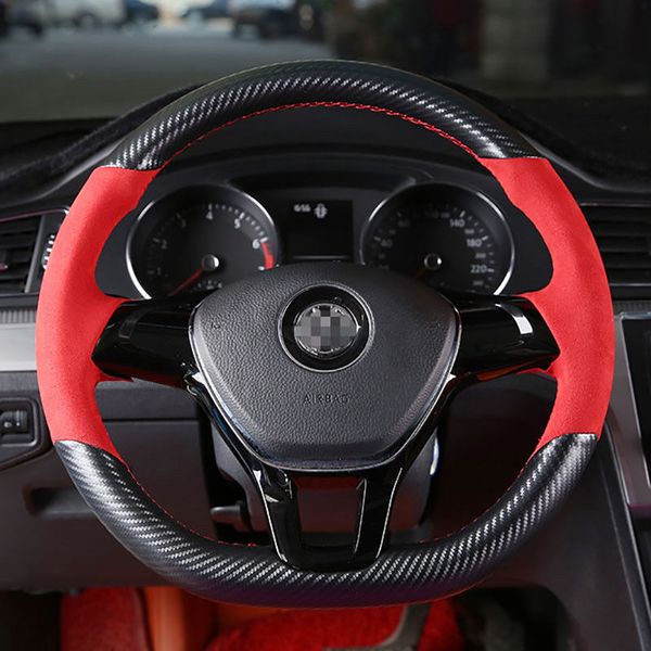 

custom pu leather carbon fiber steering wheel stitch cover for vw touran jetta