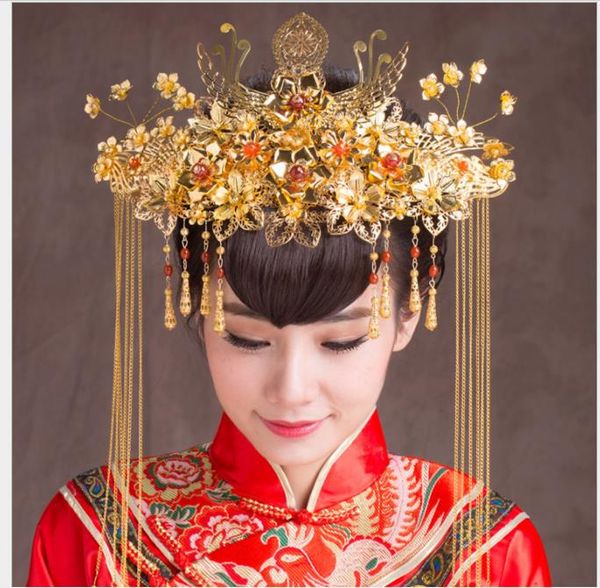 

grade ancient costume, bridal headwear, antique chinese phoenix crown, wedding dragon, phoenix, gown, accessories, head flower, Slivery;golden