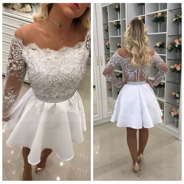 

2019 sheer jewel long sleeve lace appliques homecoming dresses above knee beading short cocktail dresses prom party gowns custom, Blue;pink