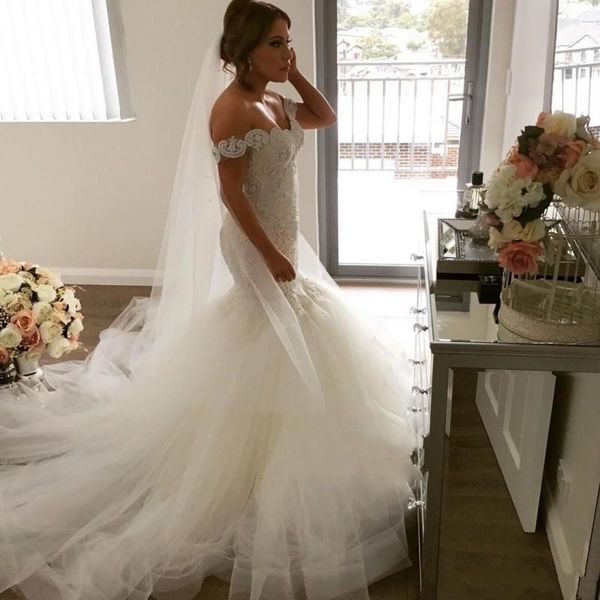 

off the shoulder mermaid wedding dresses long 3d lace appliques low back wedding dress tulle tiered skirt country bridal gowns, White