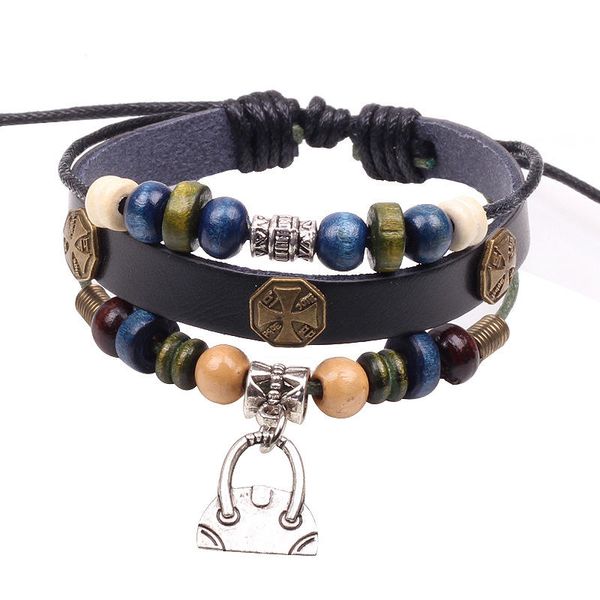 

european and american fashion men and women beaded alloy pendant multi-layer bracelet, Black
