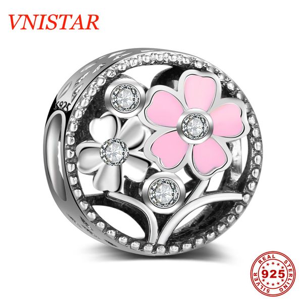 

vnistar 100% real 925 antique silver pink flower cz diy european bead charms spring flower jewelry charms wholesale, Bronze;silver