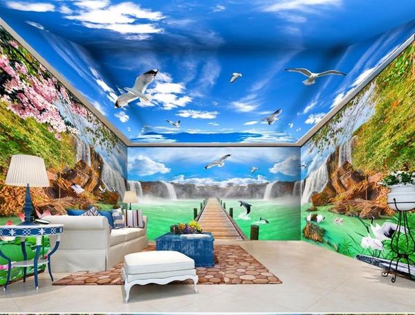 

3d stereoscopic wallpaper Waterfall Flowing Forest Crane Pigeon whole house background wall painting