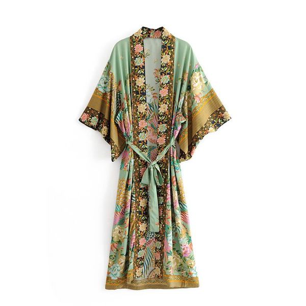 Boho Blumendruck Vintage Ethnische schicke Fledermausärmel Lose Kimono-Kleider Frauen V-Ausschnitt Sommer Split Maxikleid 2018 Vestidos # N188