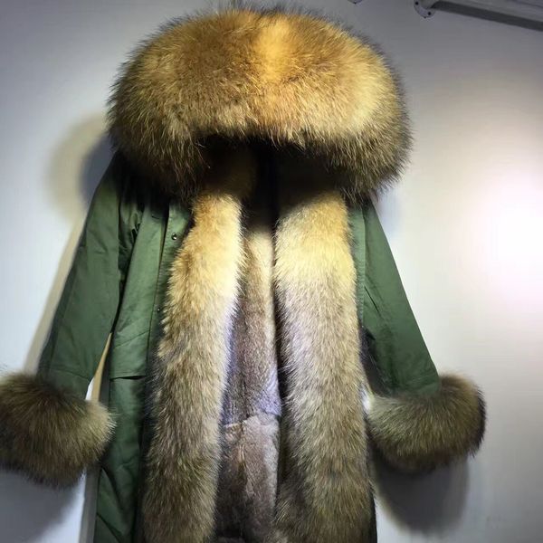 

keep warm brown raccoon fur trim placket mukla furs brown rex rabbit fur lining army green canvas long women parkas, Black