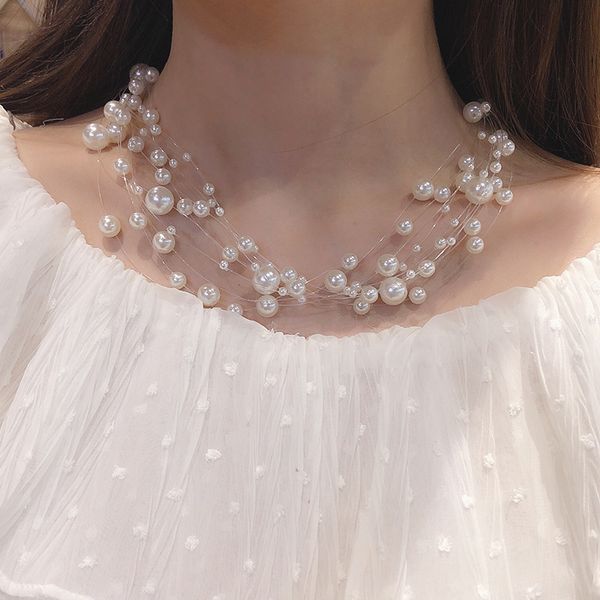 

multi-layer wedding statement necklace women fashion simulated pearl jewelry party invisible line choker korean maxi colar bijou, Golden;silver