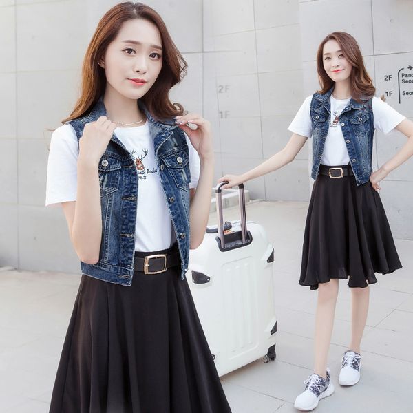 

spring and autumn new short denim vest women's large size hole fashion wild slim slimming vest jacket jq89, Black;white