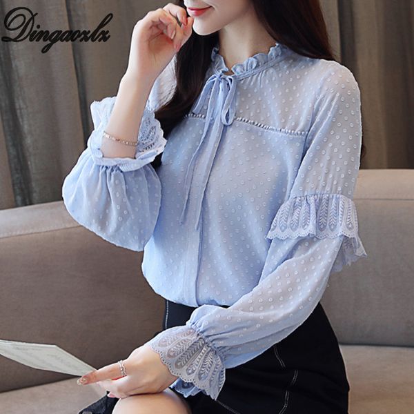 

dingaozlz autumn blusas mujer de moda 2018 new women blouse butterfly sleeve casual ruffles bow tie chiffon shirt, White