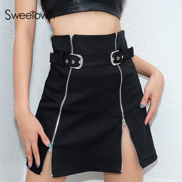 

sweetown black punk skirt streetwear zipper split skirts womens faldas mujer moda 2018 high waist korean a-line skirt