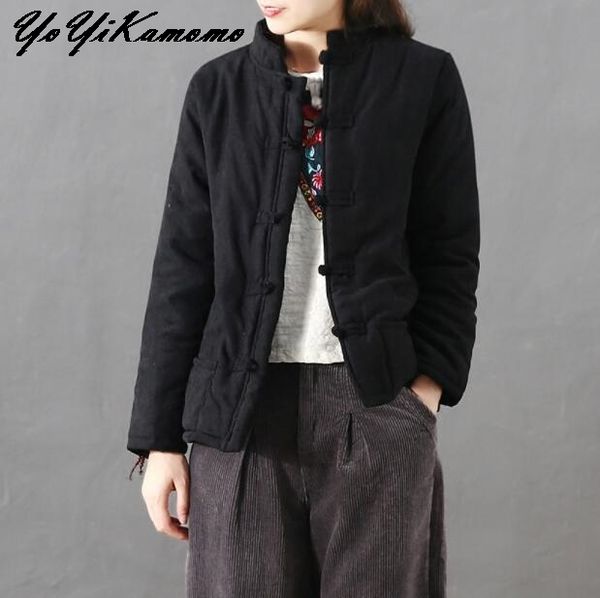 

yoyikamomo cotton linen maxi women parkas 2017 winter autumn chinese thick cotton-padded loose brief casual women coat, Black