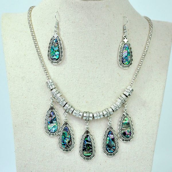 

10 sets fashion design abalone shell jewelry set water droplets antique silver women famale pendant necklace earring sets lr4114