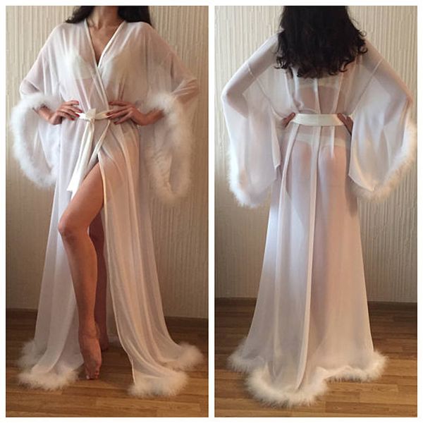 2019 Sexy Long Sleeve Sheer Bridesmaid Bride Robes With Feathers Custom Silk Satin Bathrobe Wedding Party Robe For Women Floor Length Sleepwear From