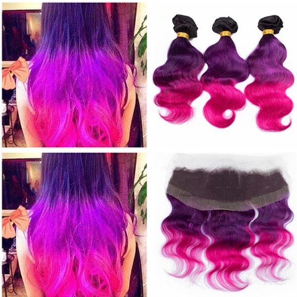 Virgin Peruvian Three Tone Ombre Human Hair Weave Extensions Dark Root 1b Purple Pink Ombre 3bundles With Full Lace Frontal Closure 13x4 Yaki Human