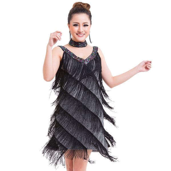 

black 1920s gatsby flapper dress women's beaded sequined v neck fancy fringe dress salsa rumba samba jazz latin dance, Black;red