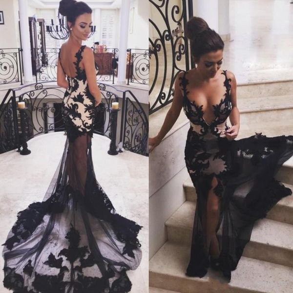 

sexy see through пром платья длинные бретельках глубокий v шеи русалка вечерние платья аппликации сторона сплит назад коктейль платье, Black