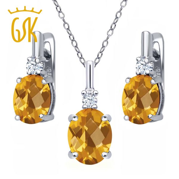 

4.88 ct oval checkerboard yellow citrine white z 925 silver pendant earrings set, Black