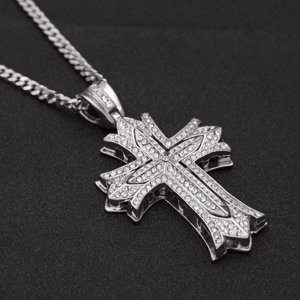 

flower cross pendant necklace mens gold cuban link chain necklace iced out pendant hip hop jewelry, Silver