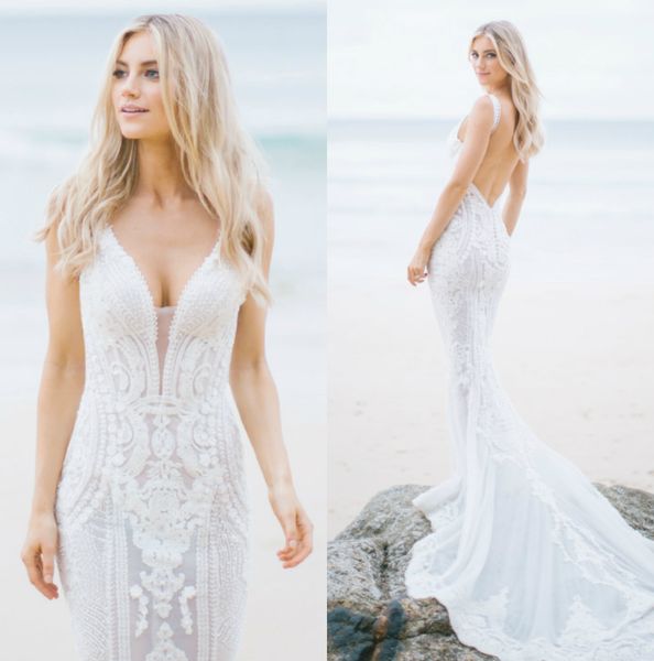 

pallas couture свадебные платья кружева аппликации sexy backless русалка свадебные платья погружаясь шеи бич свадебное платье vestidos de no, White