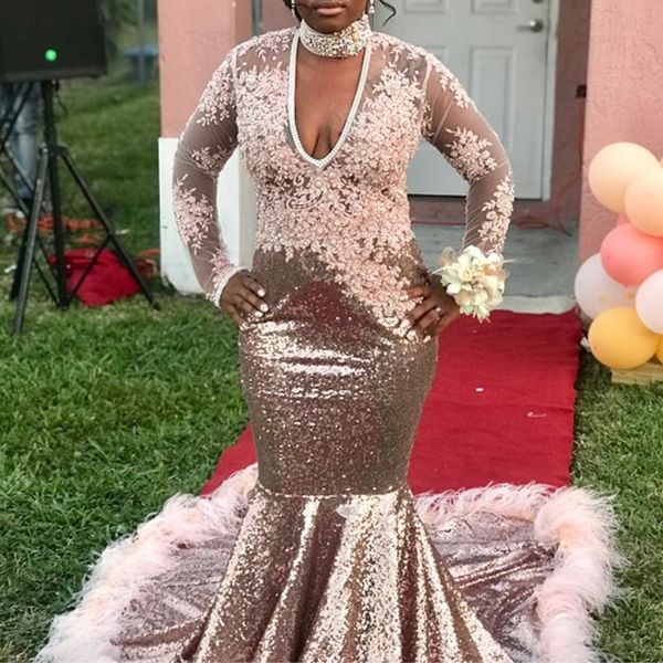 

fascinating sequins feather prom dresses beads high neck lace appliques long sleeve party dress custom made fashion mermaid 2k18 prom dress, Black