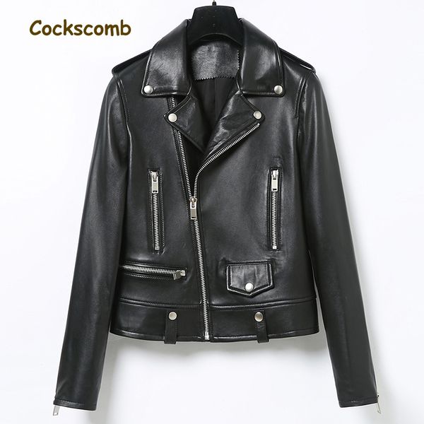 

cockscomb locomotive leather jacket women turn down collar zippers pockets real sheepskin leather coats 2018 autumn winter, Black;brown