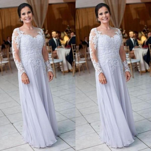 Elegante Chiffon Applique Lace Mãe Da Noiva Vestidos Sheer Mangas Compridas Vestidos Desgaste Da Noite Simples Barato Mais O Tamanho Do Convidado Do Casamento Vestido