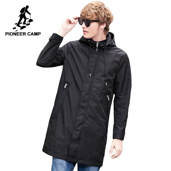

pioneer camp hooded long trench men brand clothing casual solid zipper trench coat male quality windbreaker black coat afy801379, Tan;black