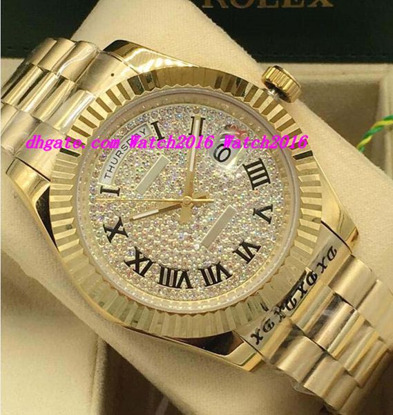 

new style luxury watches 2 style 18k yellow gold diamond dial 41mm fluted bezel automatic fashion men's watch wristwatch, Slivery;brown