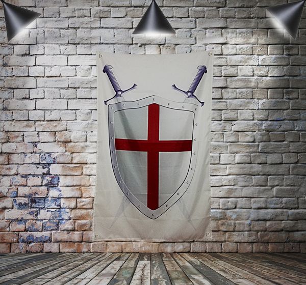 Masonic Knight Templar Flag Banner Poliestere 144 * 96cm Hang on the wall 4 occhielli Custom Flag decorazione interna Scudo spada