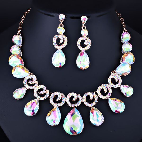 

farlena jewelry elegant water drop shape crystal rhinestones necklace earrings set bridal wedding prom jewelry sets, Slivery;golden