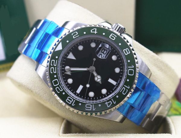 

stainless steel automatic men's casual watch black dial green ceramic bezel gmt 16713 mens sports movement watches, Slivery;brown