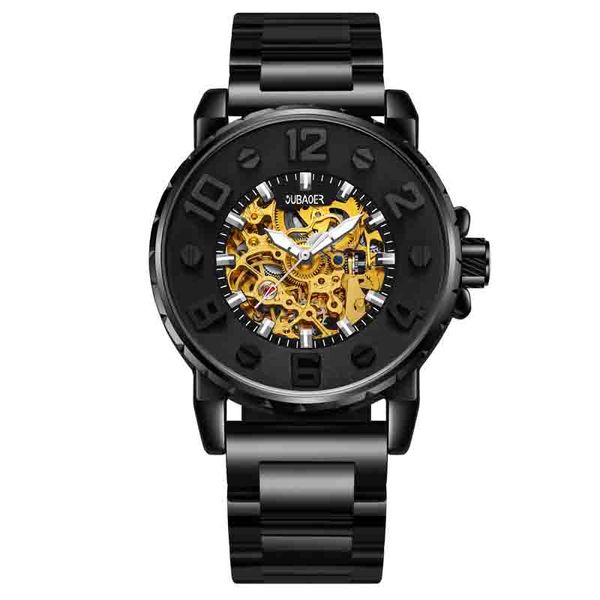 

oubaoer fashion leisure men fully automatic steel strip hollow waterproof luxury gift dress bulging numbers automatic mechanical watches, Slivery;brown