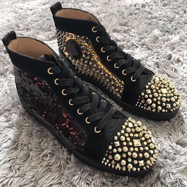 

originals box] red bottom sneakers shoes luxury designers gold studs toe spikes men,women high casual walking shoes eu35-47, Black