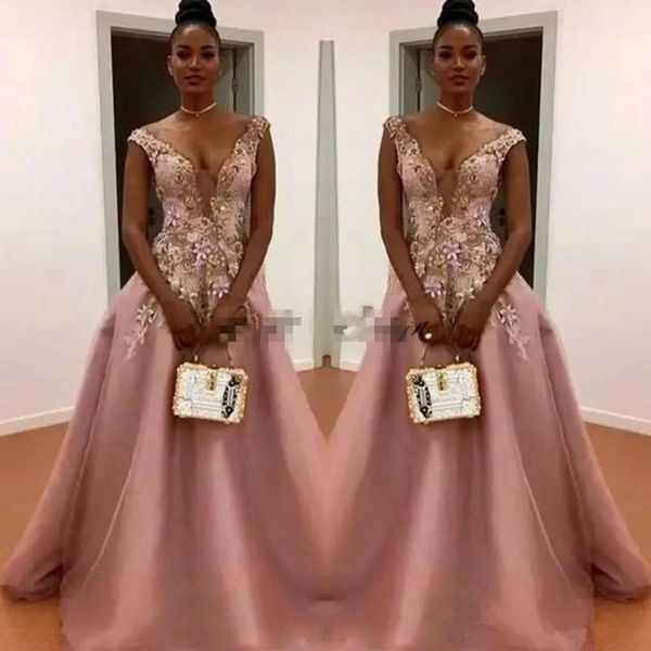 

deep v neck dusty pink prom dresses embroidery beaded tulle with straps sweep train formal occasion wear evening gown, Black