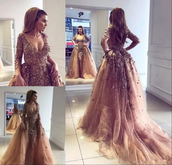 

2019 Datachable Prom Dresses With Overskirt V-Neck Pearls Sequin Beads Long Sleeves Celebrity Formal Party Gown Long Sleeve Evening Dress
