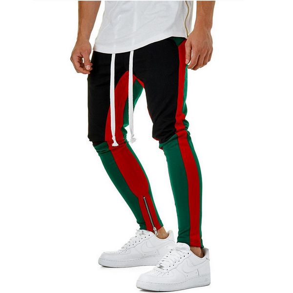 

4 colors zipped ankle track pants waist banding panelled side stripe zip pockets color contrast retro trousers joggers pants, Black