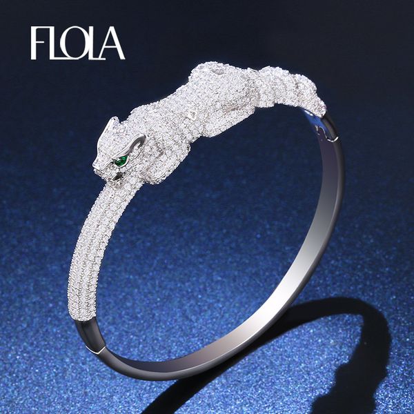 

flola animal leopard bangles for woman man silver zircon panther love bracelet & bangle dubai wedding fashion jewelry brta83, Black