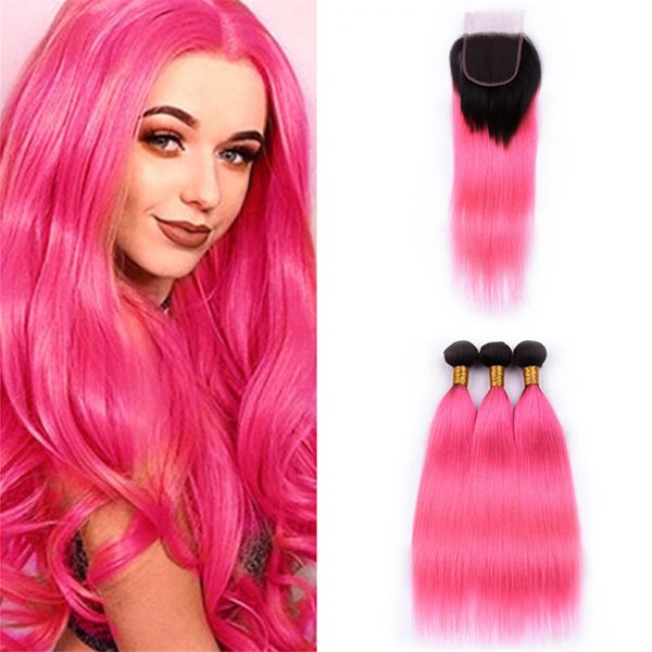 2019 8a 2 Tone 1b Pink Ombre Closure And Bundles Dark Roots Light Pink Ombre Straight Human Hair Weaves With Free Part Lace Closure From Vivo Hair