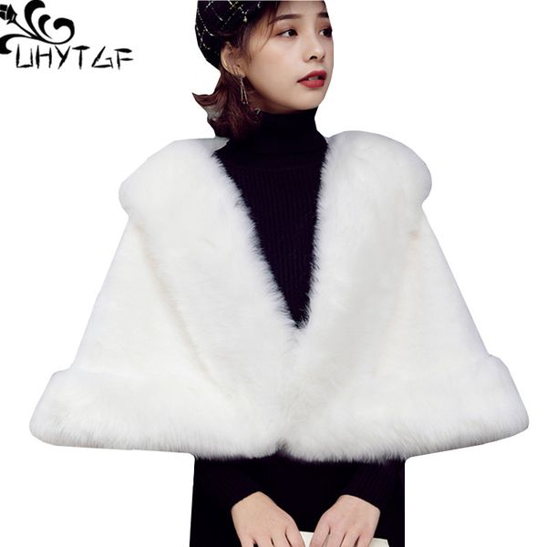 

uhytgf autumn winter imitation fur shawl coat new short ponchos and capes woman plus size outerwear noble fur coat women 944, Black