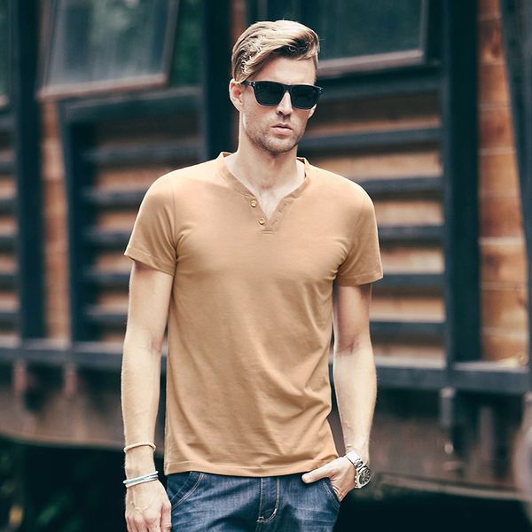 

mrmt 2018 brand new men's t-shirt solid color cotton t-shirt men's summer v-neck button short-sleeved, White;black