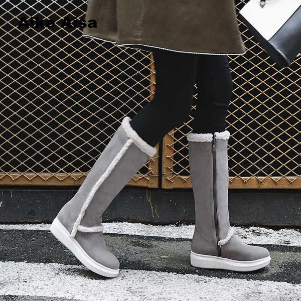 

aike asia fashion women boots handmade leather zippers snow black street style flat platform heel lady knee high botas de mujer