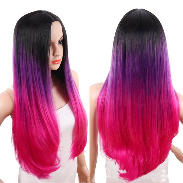 Synthetic Ombre Black Purple Pink Colored Wigs Side Part With