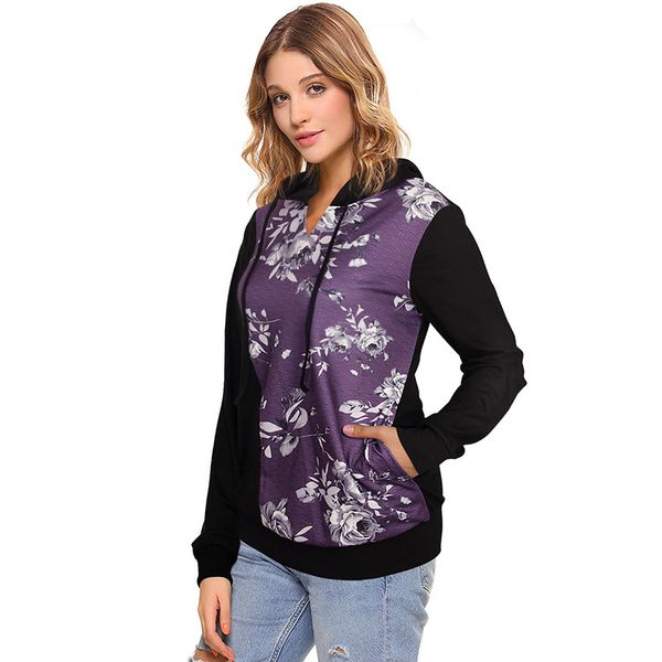 

messic floral print long sleeve hoodie sweatshirt women 2018 spring autumn hooded sweat femme lightweight moletom feminino, Black