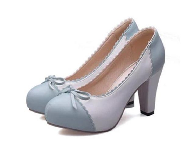 

send blue patchwork round head coarse heel high heel women single shoes, Black