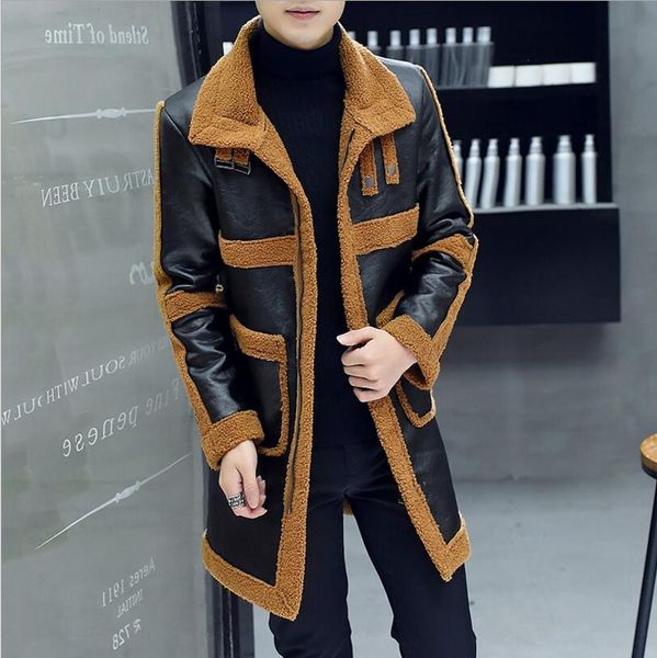 

2018 men clothing hair stylist gd fashion autumn winter medium length thickened fur coat leather jacket singer costumes, Black