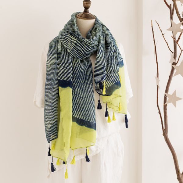 

women striped pattern tassel scarf cotton voile shawls wraps hijabs 10pcs/lot, Blue;gray
