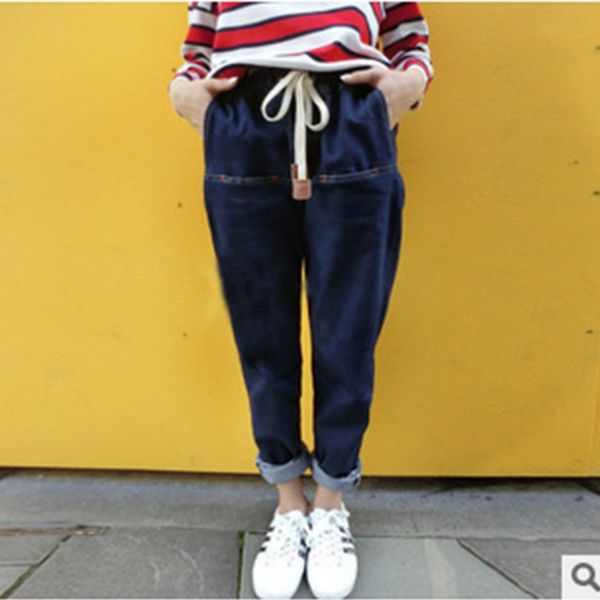 

spring women harem pants denim blue color elastic high waist loose jeans trousers casual female full length harem pants