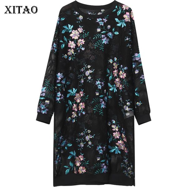 

xitao] 2018 europe spring new fashion women floral pattern hollow out dress female o-neck full sleeve knee-length dress xww3222, White;black